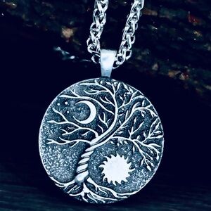 “Universe Tree” Crescent Moon Stars Sun Twisted Trunk Forest Celestial Necklace